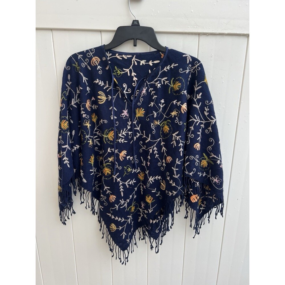 Unbranded Poncho Top Women One Size Blue Floral Embroidered Boho Fringe